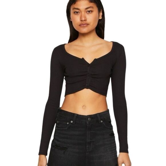 American Eagle Black Button Cinched Front Cropped Cardigan - Picture 1 of 9